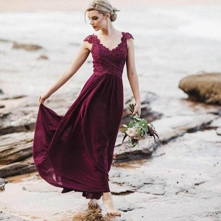 Mismatched A-Line Long Burgundy Cheap Chiffon Bridesmaid Dress with Lace DMG63