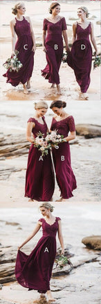 Mismatched A-Line Long Burgundy Cheap Chiffon Bridesmaid Dress with Lace DMG63
