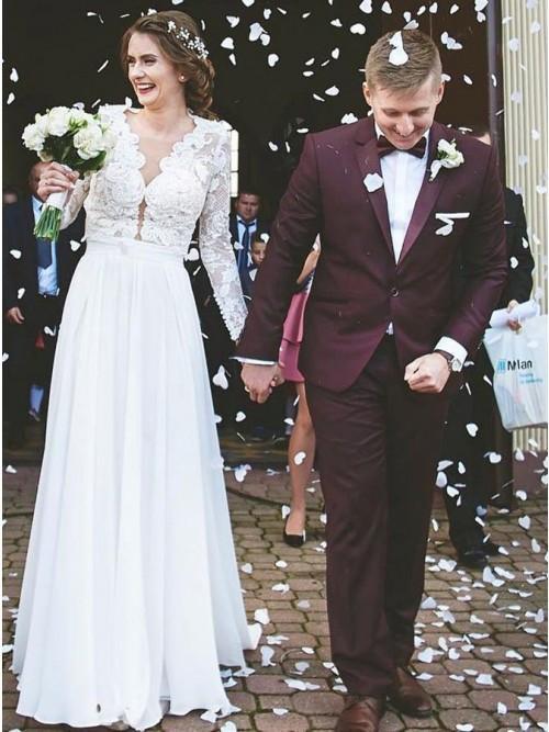 Modest A-Line Lace Appliques Long Sleeves Chiffon Elegant Wedding Dress DMH87
