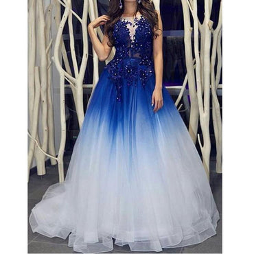 Elegant Royal Blue White Ombre Long Prom Dresses with Appliques for Teens DMH18