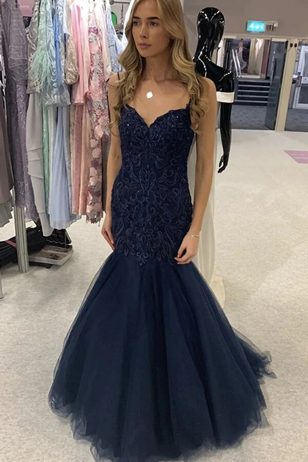 Navy Blue Mermaid Spaghetti Straps Lace Prom Dresses, Formal Evening Gown DM2010