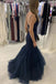 Navy Blue Mermaid Spaghetti Straps Lace Prom Dresses, Formal Evening Gown DM2010