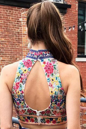 Off White Two Piece Embroidery High Neck Tulle Homecoming Dress DMM27