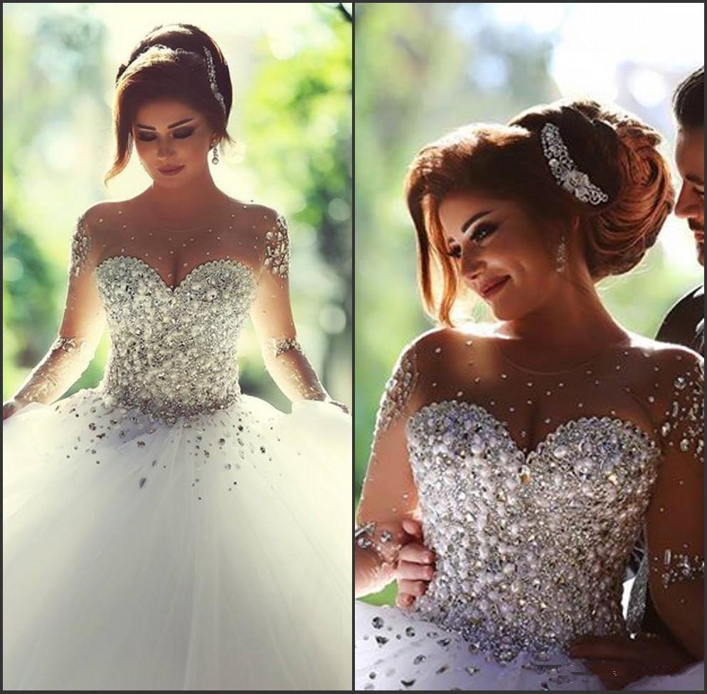Stunning Long Sleeves Tulle Ball Gown Beaded Wedding Dress DMH69