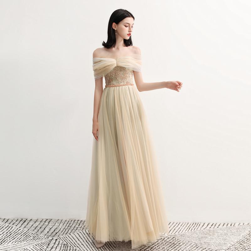 Charming Off the Shoulder A Line Tulle Long Prom Dresses With Beading DMG70