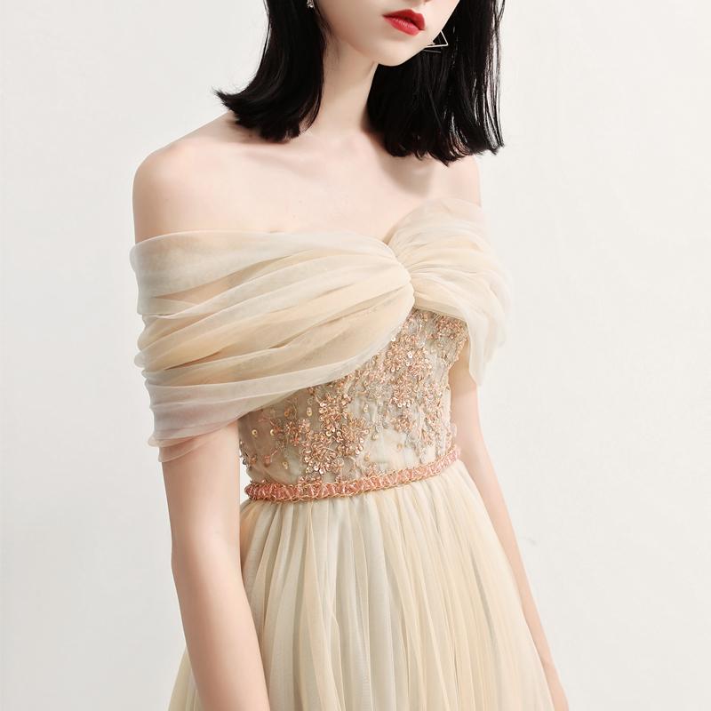 Charming Off the Shoulder A Line Tulle Long Prom Dresses With Beading DMG70