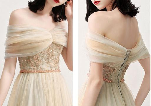 Charming Off the Shoulder A Line Tulle Long Prom Dresses With Beading DMG70