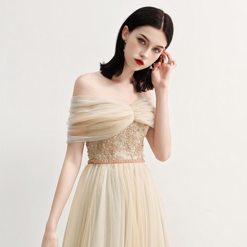 Charming Off the Shoulder A Line Tulle Long Prom Dresses With Beading DMG70