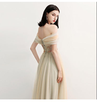 Charming Off the Shoulder A Line Tulle Long Prom Dresses With Beading DMG70
