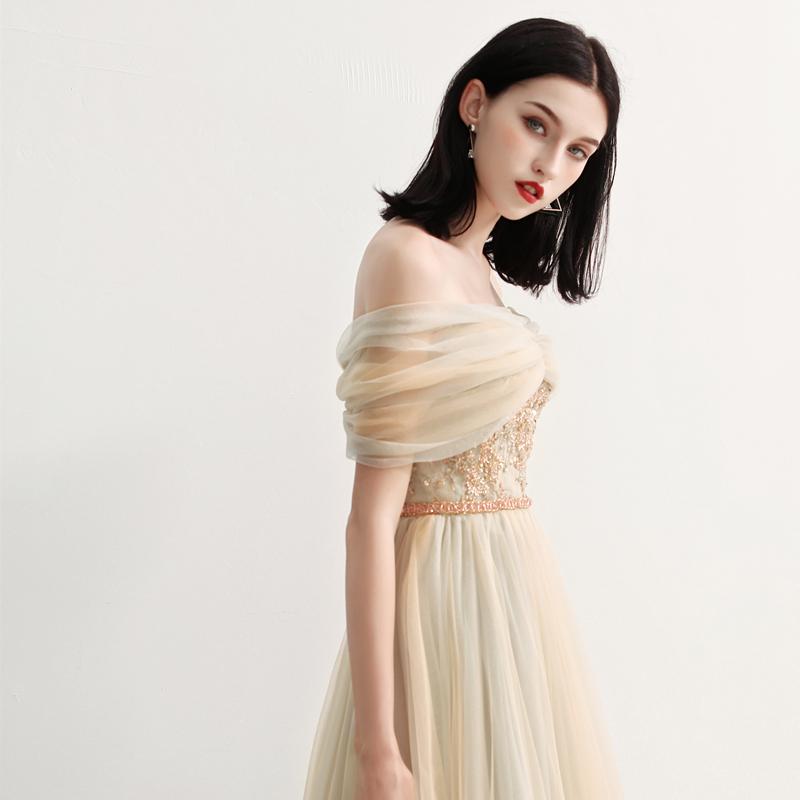 Charming Off the Shoulder A Line Tulle Long Prom Dresses With Beading DMG70