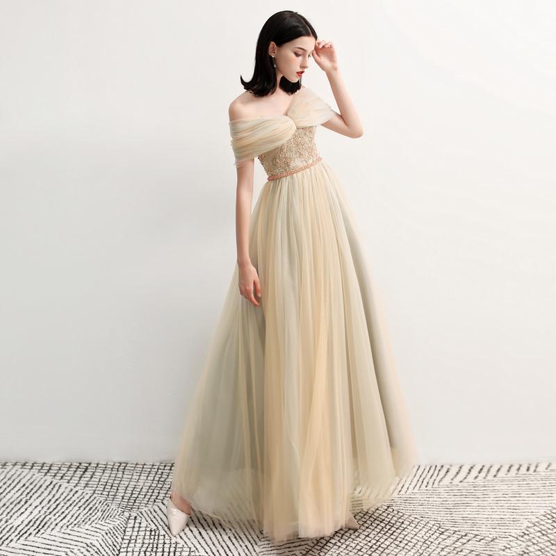 Charming Off the Shoulder A Line Tulle Long Prom Dresses With Beading DMG70