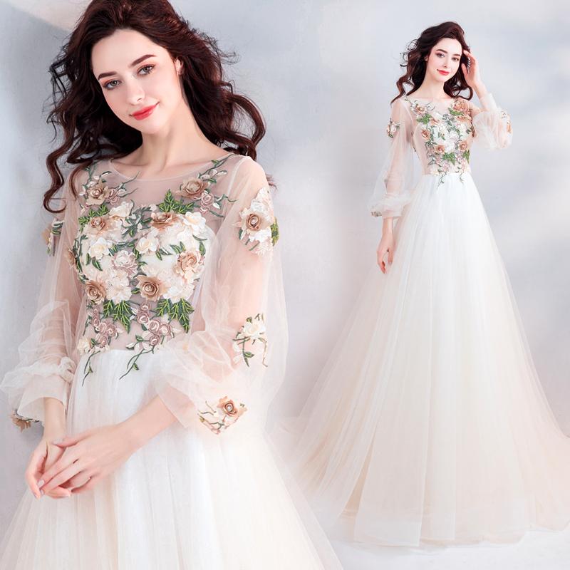 Pretty A Line Long Sleeves Tulle Appliques  Prom Dresses With Flowers DMG69