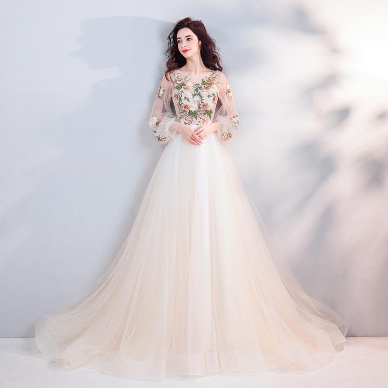 Pretty A Line Long Sleeves Tulle Appliques  Prom Dresses With Flowers DMG69