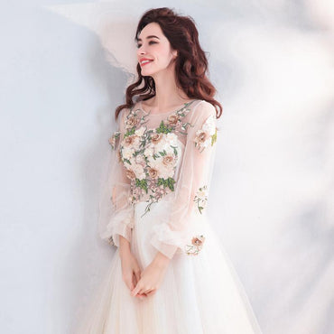 Pretty A Line Long Sleeves Tulle Appliques  Prom Dresses With Flowers DMG69