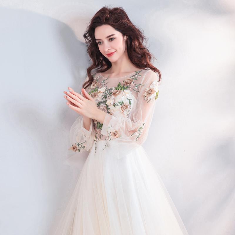 Pretty A Line Long Sleeves Tulle Appliques  Prom Dresses With Flowers DMG69