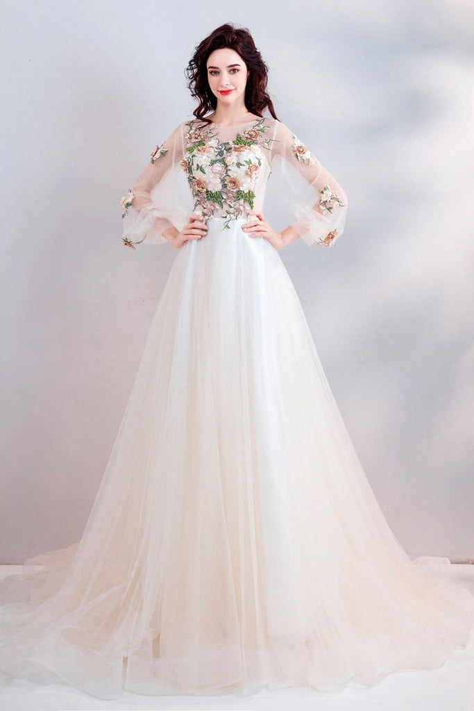 Pretty A Line Long Sleeves Tulle Appliques  Prom Dresses With Flowers DMG69