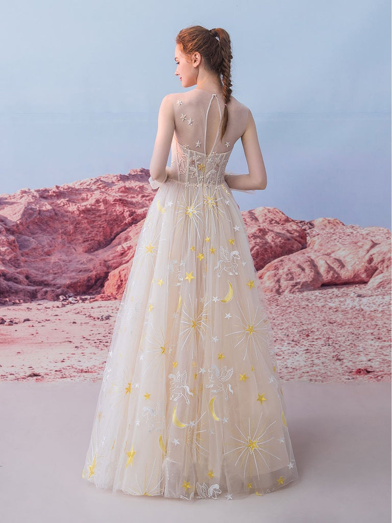 Cheap A Line Tulle Long Appliques Prom Dresses, Evening Party Dress DMG71