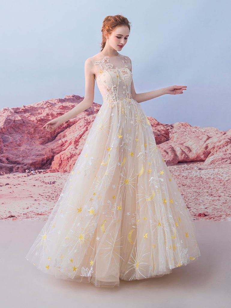 Cheap A Line Tulle Long Appliques Prom Dresses, Evening Party Dress DMG71