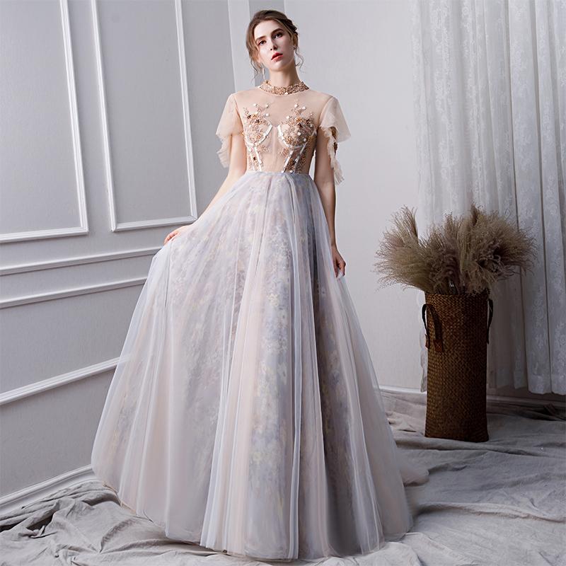 Gray A Line High Neck Short Sleeves Prom Dresses With Beads DML26