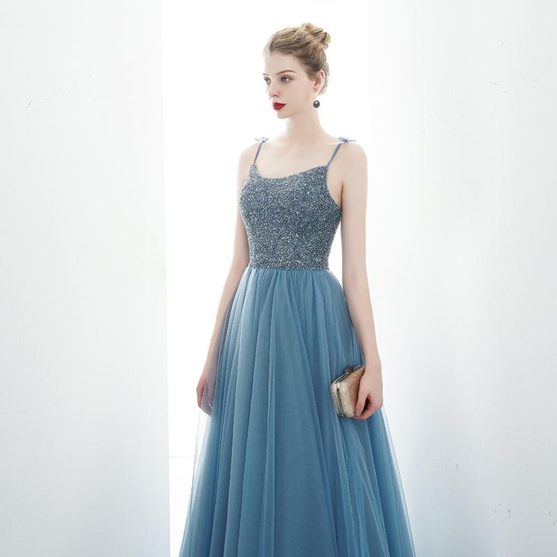 A-line Spaghetti Straps Blue Lace Up Back Beading Tulle Long Prom Dresses DMR84