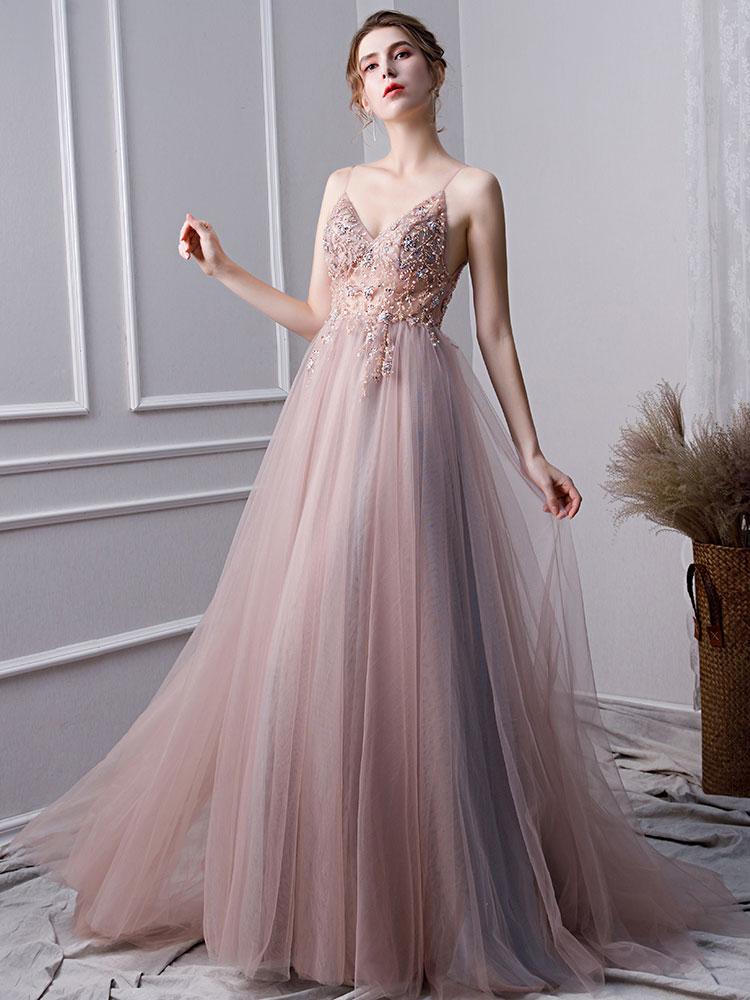 Pink A Line Spaghetti Straps Tulle Beaded Prom Dresses With Appliques DML25