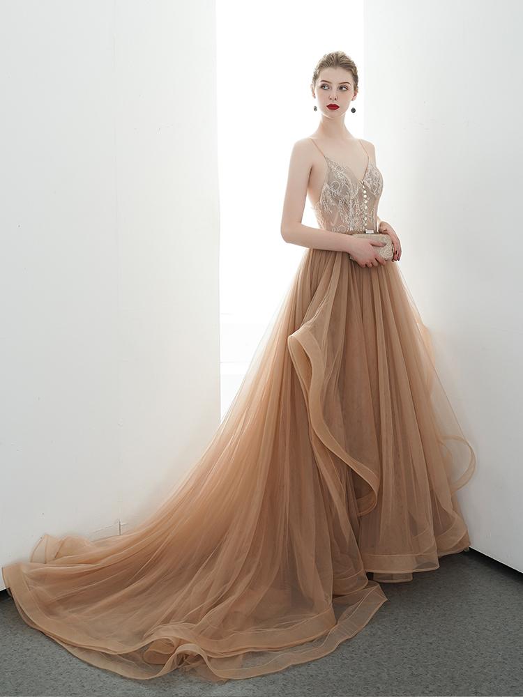 A-line Spaghetti Straps Tulle Long Lace Appliques Prom Dresses Formal Evening Dress DMR85