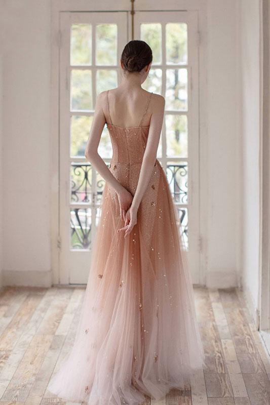 Ombre A Line Long Tulle Spaghetti Straps Prom Dresses With Beads DMK60