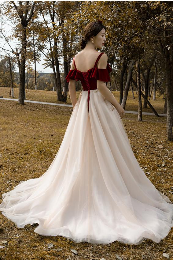 Vintage Red Top Straps Tulle Formal Dress, Elegant Appliques Prom Dress DMP021