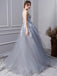 Gray A Line Long Spaghetti Straps Prom Dresses With Lace DMK58