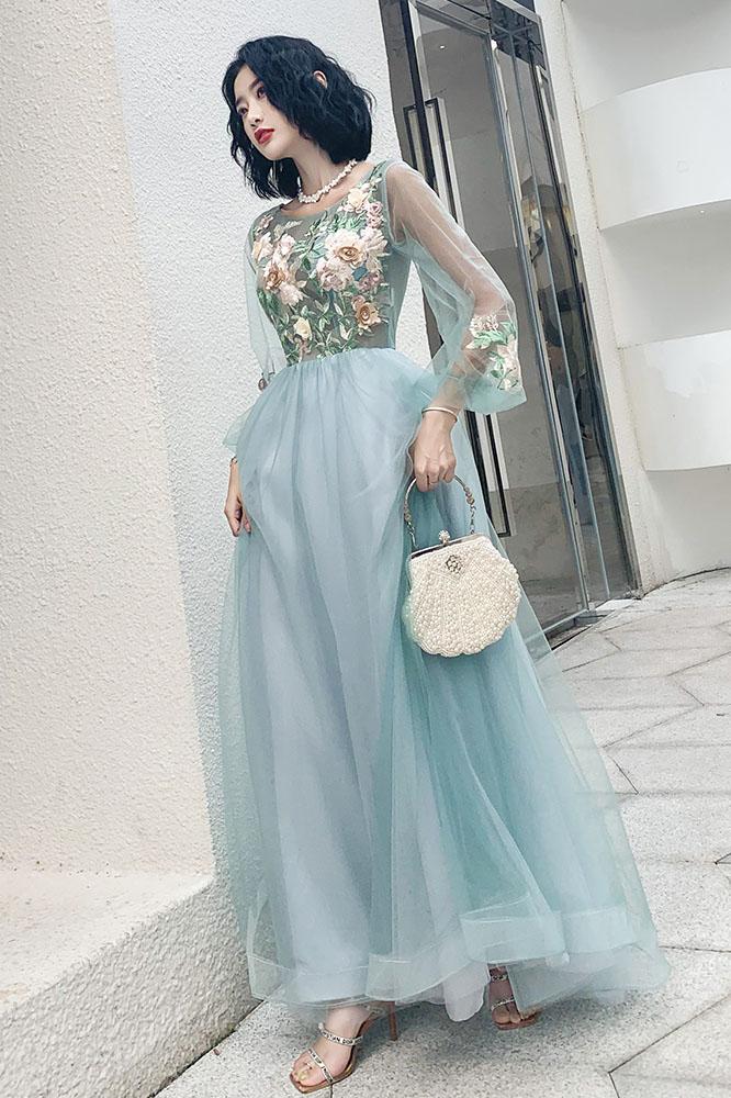 A Line Long Sleeves Round Neck Tulle Floral Appliques Prom Dresses DMQ83