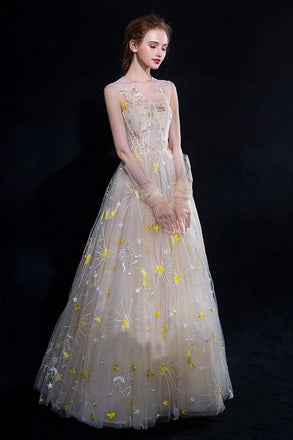 Cheap A Line Tulle Long Appliques Prom Dresses, Evening Party Dress DMG71