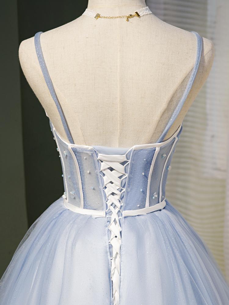 Light Blue A Line Spaghetti Straps Tulle Short Homecoming Dresses DMN49