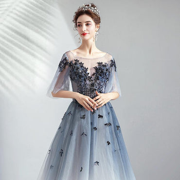 Ombre A Line Half Sleeves Tulle Round Neck Prom Dress Evening Dresses DMQ75