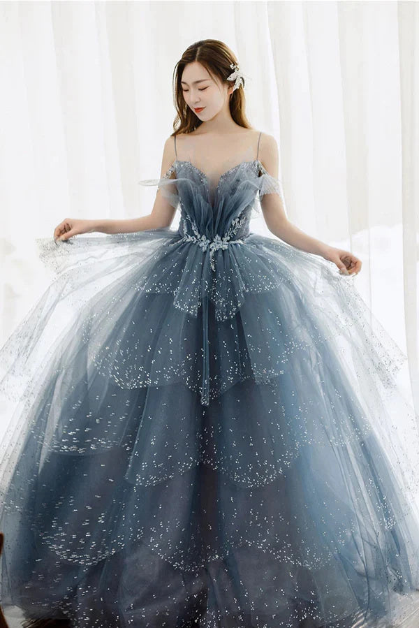 Dusty Blue Sparkly Tulle Beaded Prom Dress Tiered Formal Gown With Rh Demodresses