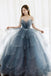 Dusty Blue Sparkly Tulle Beaded Prom Dress, Tiered Formal Gown With Rhinestone DM1932