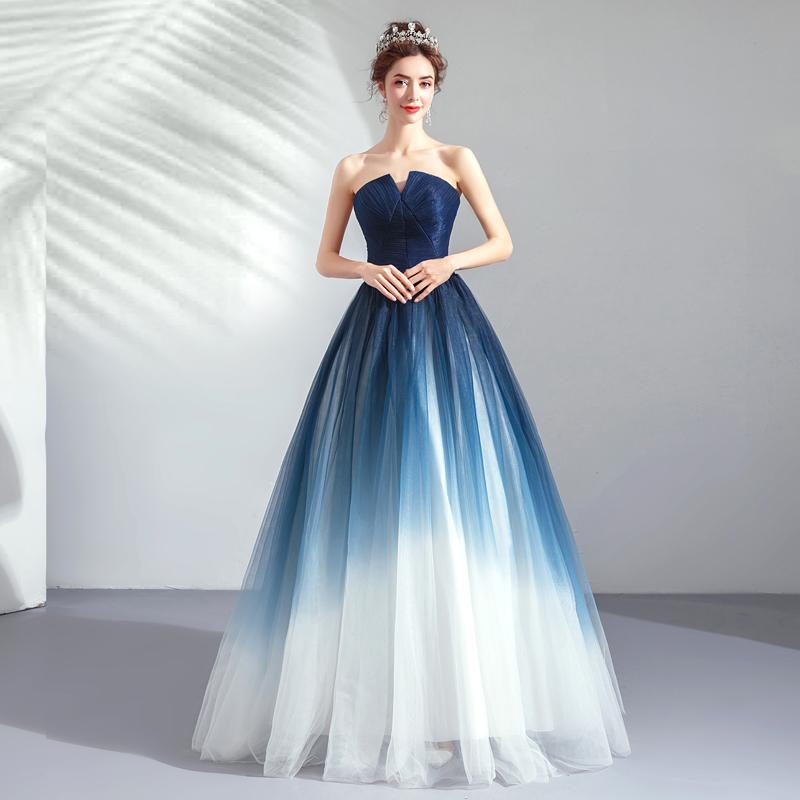 Strapless Ombre A Line  Tulle Prom Dress Long Formal Dresses DMQ74