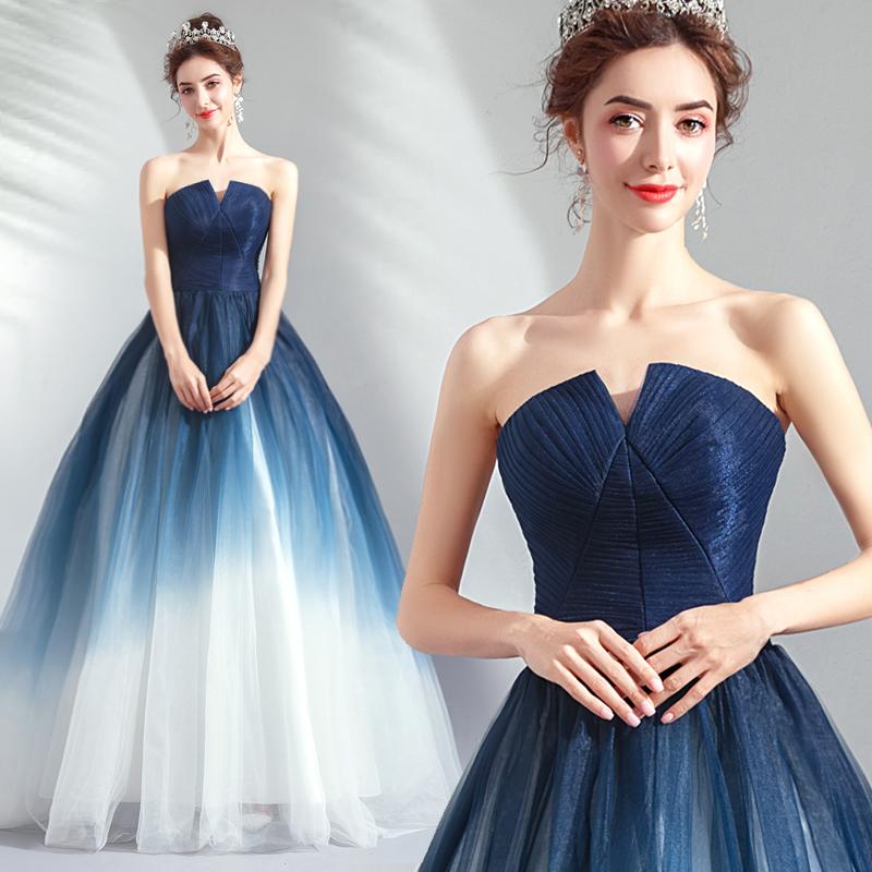 Strapless Ombre A Line  Tulle Prom Dress Long Formal Dresses DMQ74