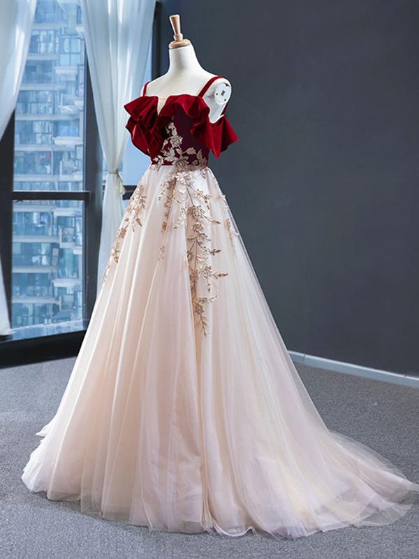 Vintage Red Top Straps Tulle Formal Dress, Elegant Appliques Prom Dress DMP021