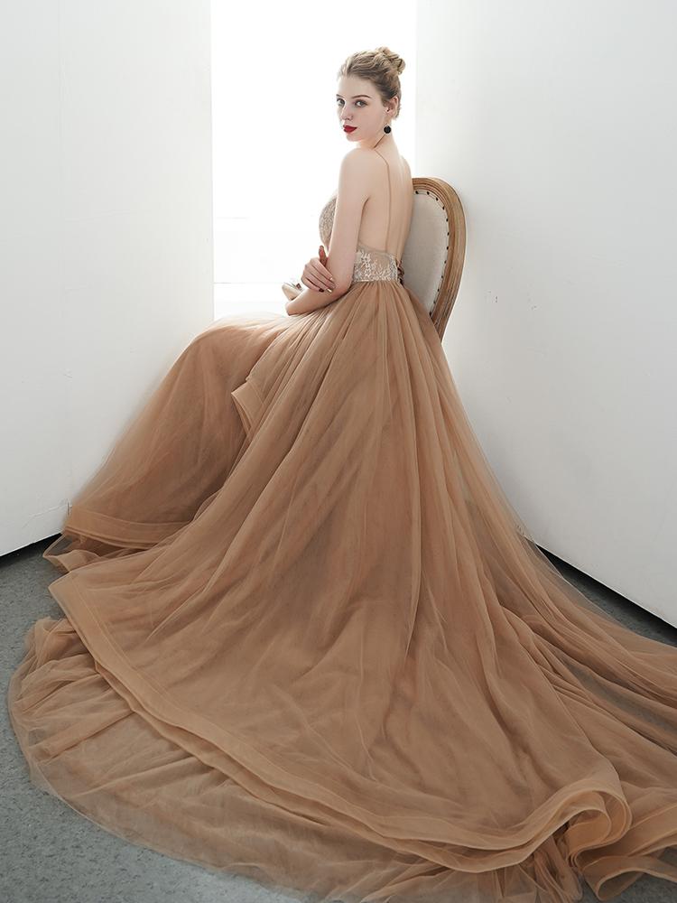 A-line Spaghetti Straps Tulle Long Lace Appliques Prom Dresses Formal Evening Dress DMR85