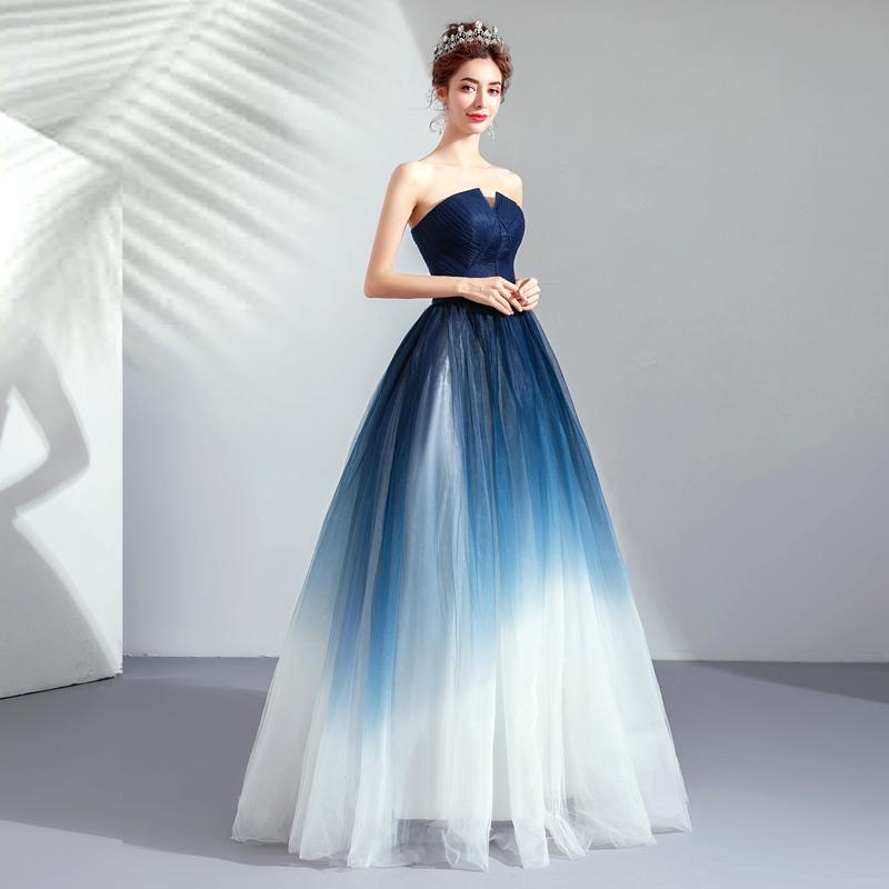 Strapless Ombre A Line  Tulle Prom Dress Long Formal Dresses DMQ74