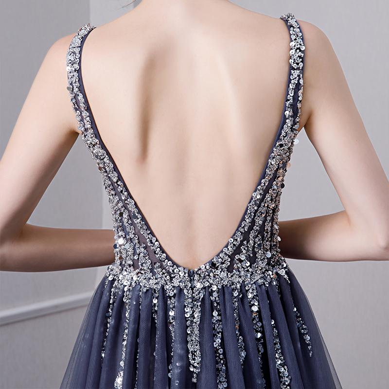 A Line V Neck Tulle Navy Blue Long Prom Dresses With Beading DML29