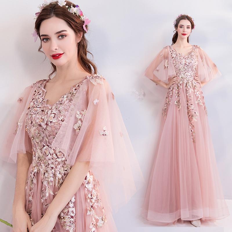 Princess A Line Pink Long Tulle Appliques V Neck Prom Dresses DMG68