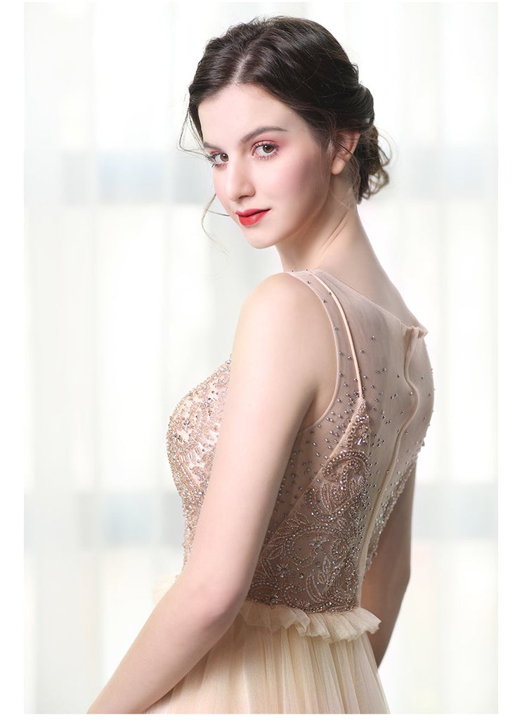 A Line Bateau Tulle Long Prom Dresses With Beads DML27