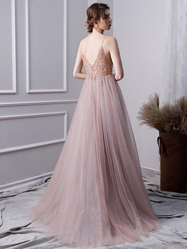 Pink A Line Spaghetti Straps Tulle Beaded Prom Dresses With Appliques DML25