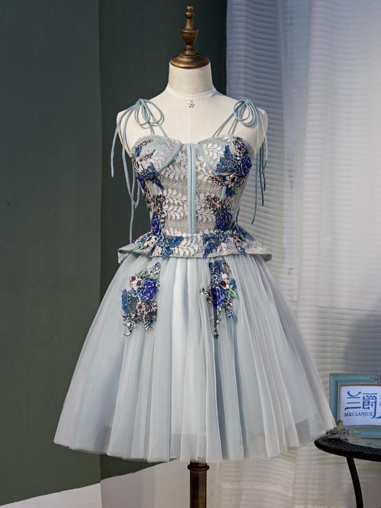 Cheap Gray A Line Tulle Homecoming Dresses With Appliques DMN55