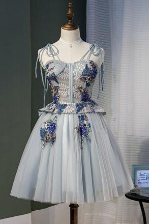 Cheap Gray A Line Tulle Homecoming Dresses With Appliques DMN55