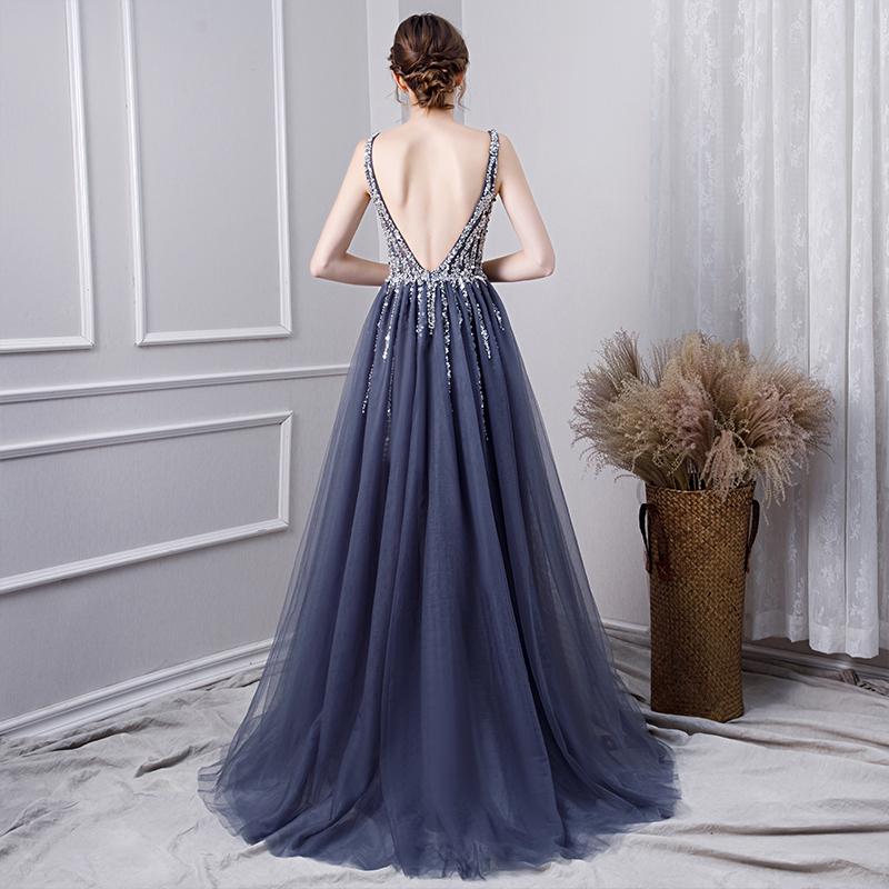 A Line V Neck Tulle Navy Blue Long Prom Dresses With Beading DML29