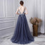 A Line V Neck Tulle Navy Blue Long Prom Dresses With Beading DML29