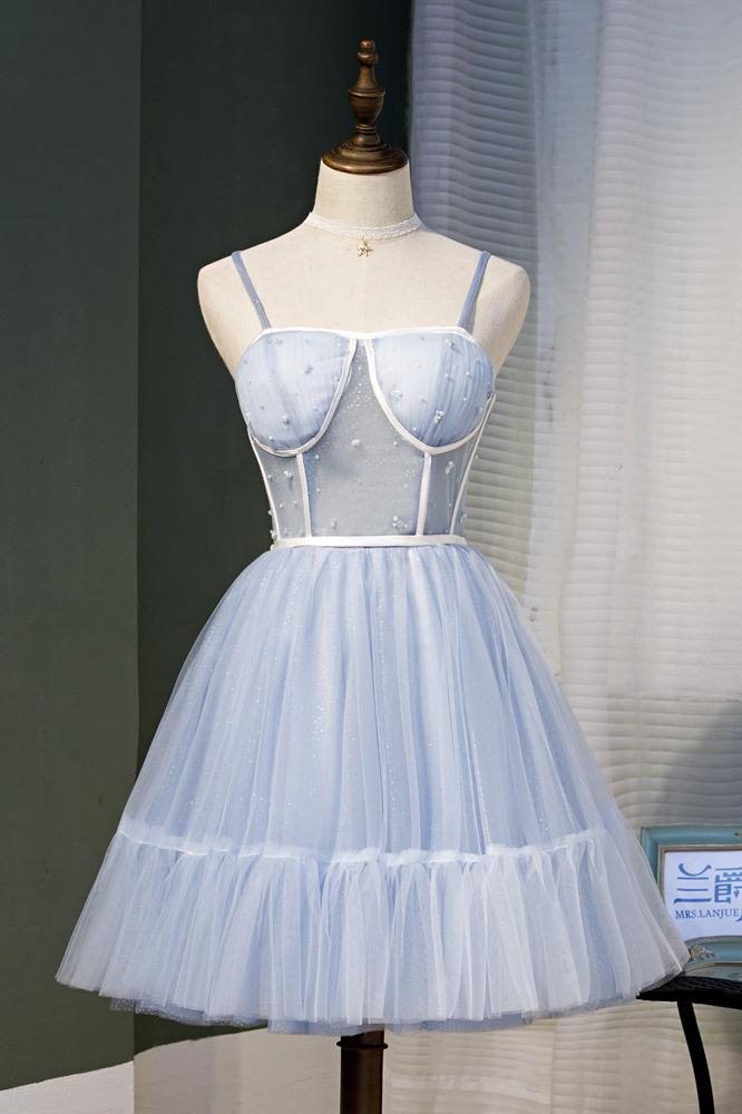 Light Blue A Line Spaghetti Straps Tulle Short Homecoming Dresses DMN49