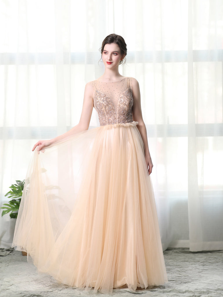 A Line Bateau Tulle Long Prom Dresses With Beads DML27
